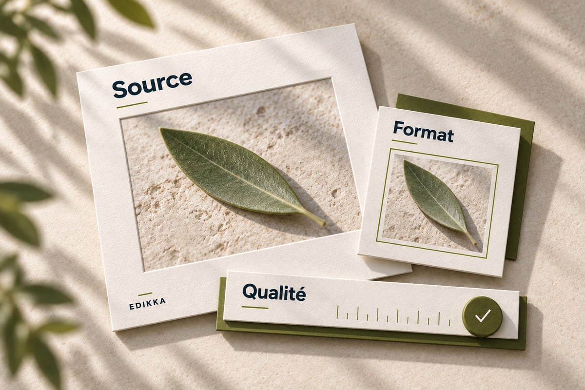 Deux tirages d’une feuille d’olivier, présentés comme source et format.